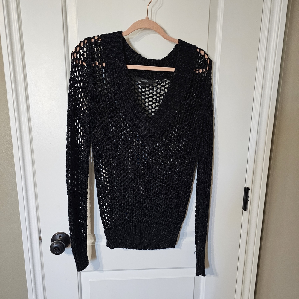 Express Black Open-Knit V-Neck Sweater